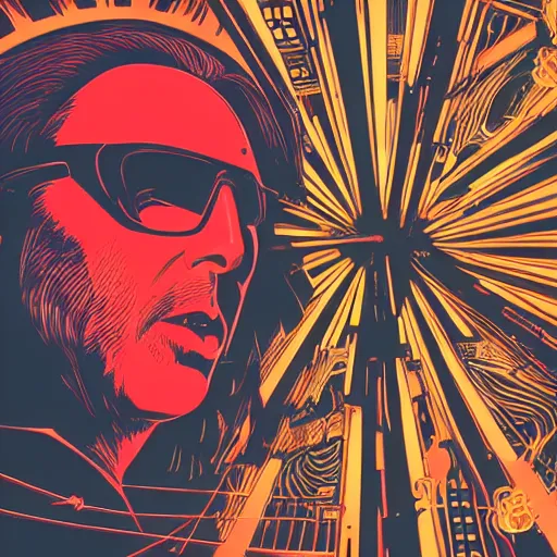 Image similar to Illustrated by Shepard Fairey and H.R. Geiger | Cyberpunk Nicolas Cage with VR helmet, surrounded by cables