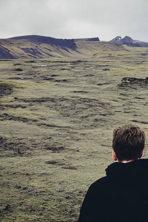 Image similar to kodak color plus 2 0 0 photograph of a skinny guy looking at beautiful iceland scenery, back view, vaporwave colors, grain, moody lighting, moody aesthetic,