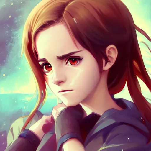 Image similar to anime portrait of emma watson as an anime girl by Stanley Artgerm Lau, WLOP, Rossdraws, James Jean, Andrei Riabovitchev, Marc Simonetti, and Sakimichan, trending on artstation