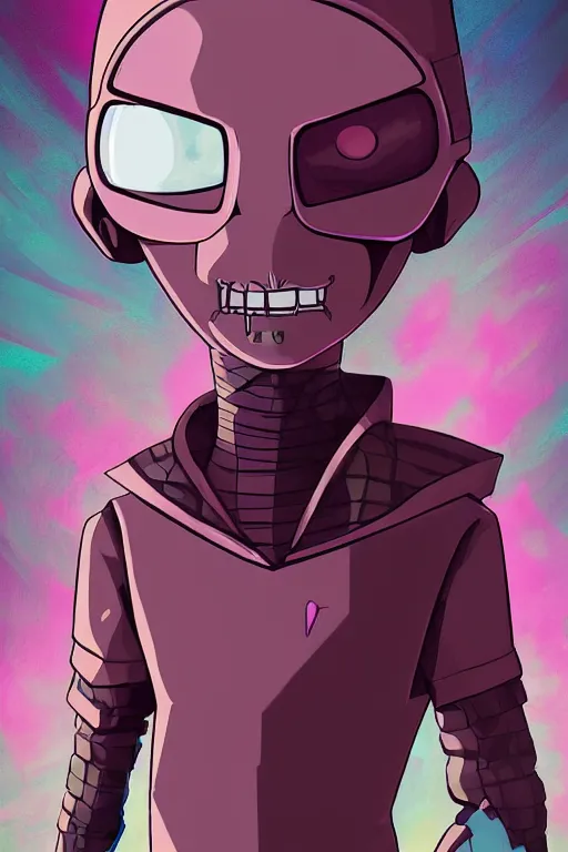 Image similar to portrait concept art painting of alternate reality invader zim, artgerm, moebius, inio asano, toon shading, cel shading, smooth, calm, tranquil, vaporwave colors,