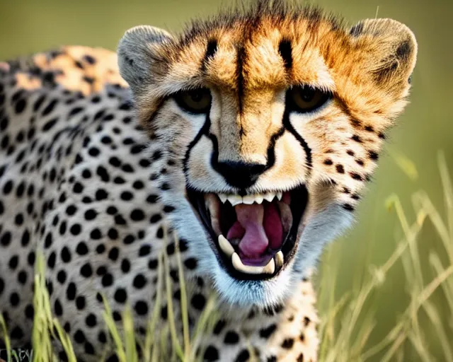 Prompt: cheetah laughing in the savannah, close up, nature shot