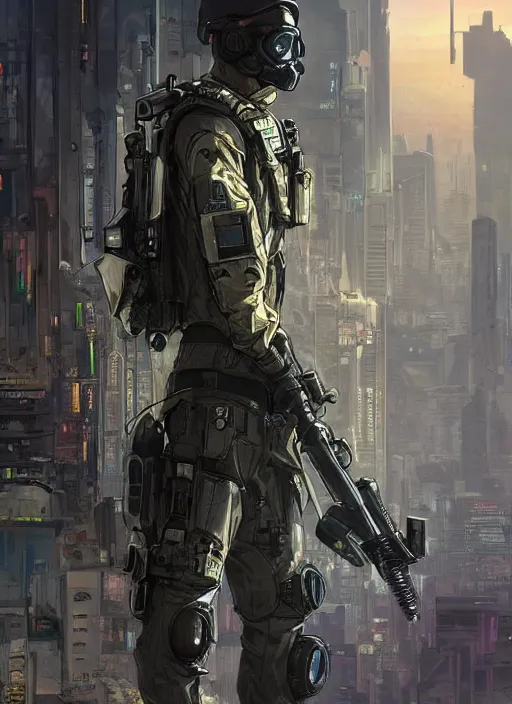 Image similar to Ezra. USN special forces futuristic recon operator, cyberpunk military hazmat exo-suit, on patrol in the Australian autonomous zone, deserted city skyline. 2087. Concept art by James Gurney and Alphonso Mucha. (mgs, rb6s)