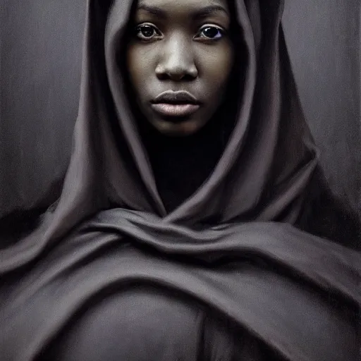 Image similar to a portrait of a young black woman wearing a long dark cloak, hood and shadows covering face, anatomically correct, beautiful perfect face, enigmatic, oil painting, matte painting, black background, Volumetric dynamic lighting, Highly Detailed, Cinematic Lighting, Unreal Engine, 8k, HD, by Beksinski