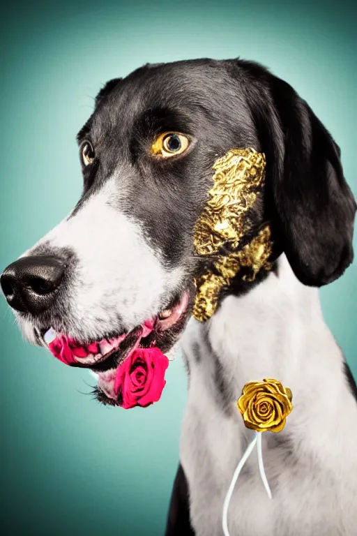 Prompt: black dog holding rose in his mouth with green eyes, gold earring on ear, studio lighting, 4 k, realistic, chromatic abberation, global illumination