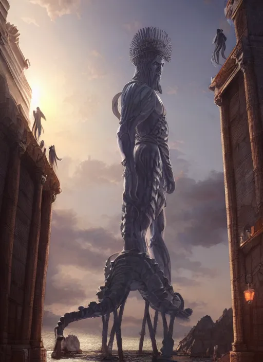 Prompt: the colossus of rhodes, epic fantasy horror digital matte painting by steve henderson and mark brooks ( and greg rutkowski ), extremely detailed, artstation