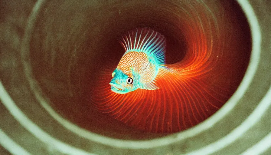 Image similar to 5 0 s movie still of a spiral fish with legs in a tunnel, cinestill 8 0 0 t 3 5 mm technicolor, heavy grain, high quality, high detail