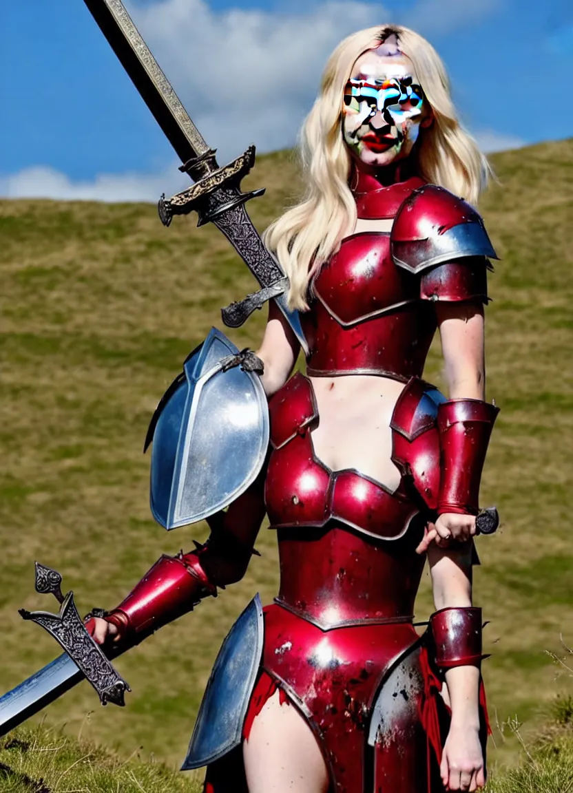 Prompt: dove cameron in a knight armor, full plate, photography, movie poster, red lipstick, blood stains, hair in the wind, shiny armor, victorious on a hill, battle field, full body, sword pointed at sky