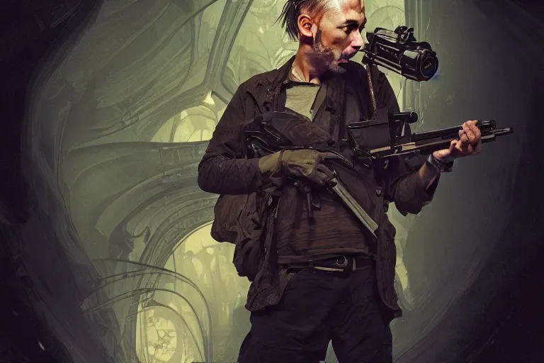 Image similar to photography of thom yorke with an ak 4 7, deep focus, d & d, intricate, elegant, highly detailed, digital painting, artstation, concept art, matte, sharp focus, illustration, hearthstone, art by artgerm and greg rutkowski and alphonse mucha