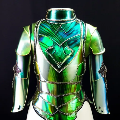 Image similar to iridescent, green mother of pearl and malachite art nouveau style full plate female jousting armor