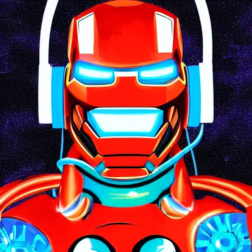 Image similar to artgerm, psychedelic laughing cybertronic ironman, rocking out, headphones dj rave, digital artwork, r. crumb, svg vector