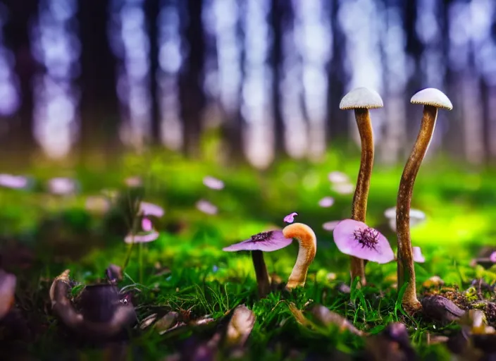 Image similar to a magical forest with delicate flowers and mushrooms that glow in the dusk, macro close up, bokeh,