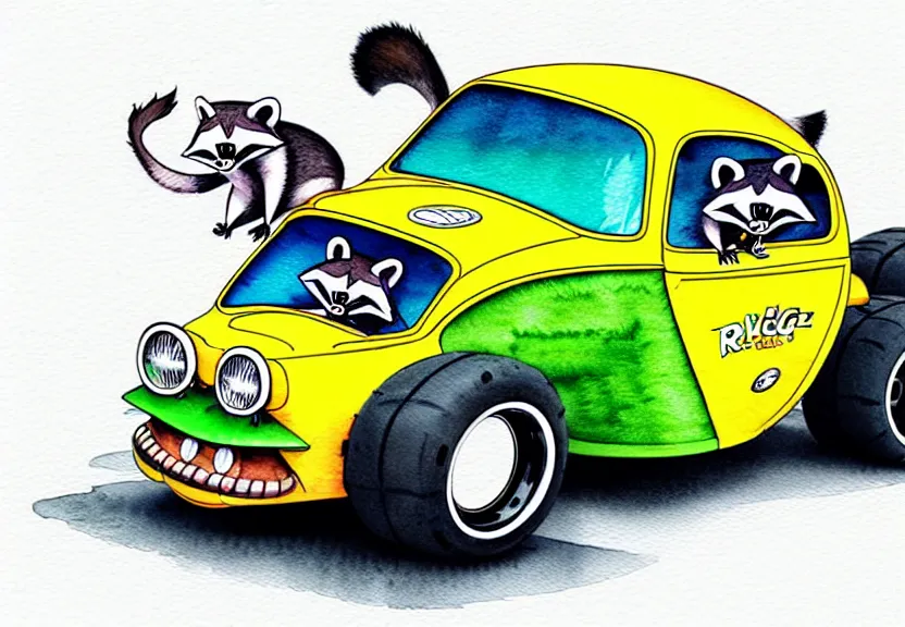 Image similar to cute and funny, racoon riding in a tiny hot rod coupe with oversized engine, ratfink style by ed roth, centered award winning watercolor pen illustration, isometric illustration by chihiro iwasaki, painting overlay by range murata