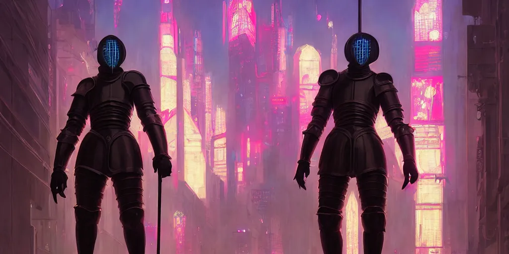 Prompt: medieval knight standing in a neon lit futuristic city, wlop, ilya kuvshinov, artgerm, krenz cushart, greg rutkowski, hiroaki samura, range murata, james jean, katsuhiro otomo, erik jones, serov, surikov, vasnetsov, repin, kramskoi