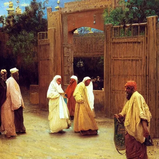 Prompt: outside the gate of Kano in the sokoto caliphate, 1885, bright, highly detailed, oil on canvas, by Ilya Repin