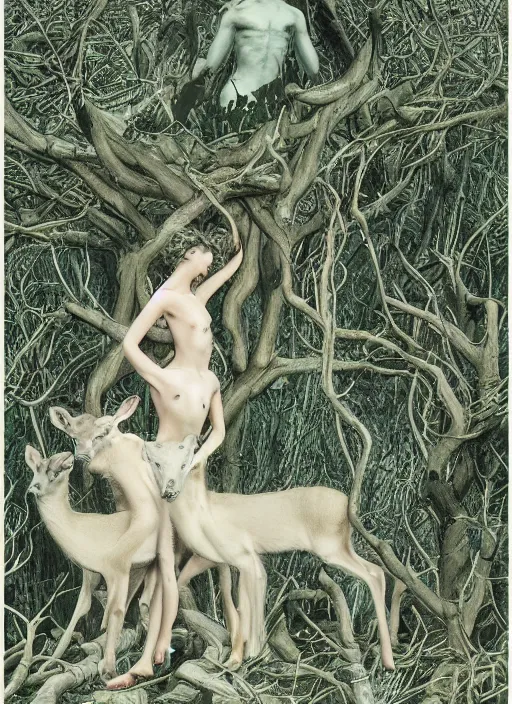 Image similar to photo of a pagan nymps dancing with fawns having a profound lifechanging psychedelic experience in a deep thorns bones bloody forest , by and Austin Osman Spare and Takato Yamamoto and Vania Zouravliov, high resolution, rendered in octane 3d