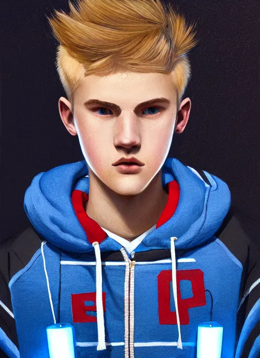 Image similar to portrait of high school senior boy named big moose, blonde short hair, jock, beefy, wide face, square jaw, square facial structure, blue varsity jacket with letter r, intricate, elegant, glowing lights, highly detailed, digital painting, artstation, concept art, sharp focus, illustration, art by wlop, mars ravelo and greg rutkowski