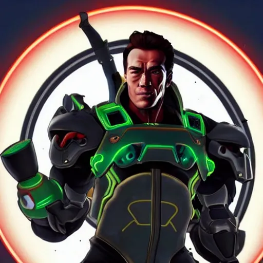 Image similar to a screenshot of arnold schwarzenegger as genji in overwatch