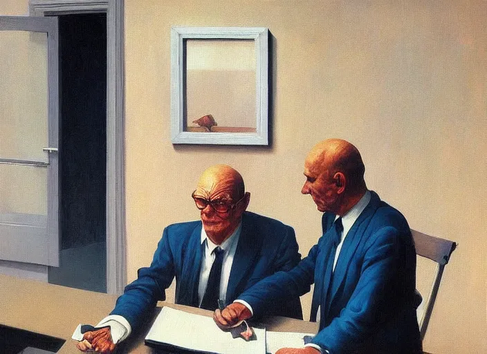 Image similar to portrait painting of two business men making a deal, science fiction, Edward Hopper and James Gilleard, Zdzislaw Beksinski, highly detailed