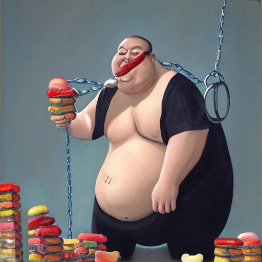 Image similar to an obese man with his mouth stuffed with popsicles mounted on chains and metal spikes by Michael Wheelan
