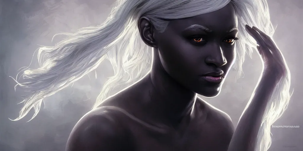 Prompt: drow black skin, many hands, gnarled fingers, intense black eyes, intense white hair, intense lighting, light beams, lens flare, intricate, elegant, highly detailed, digital painting, artstation, concept art, smooth, sharp focus, illustration, art by artgerm and greg rutkowski and alphonse mucha