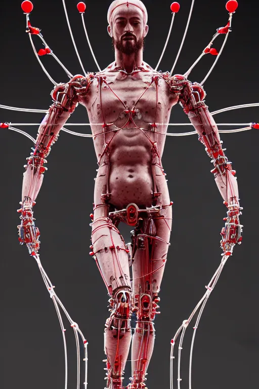 Image similar to 2 0 5 0 a statue jesus on cross made of red marble with wires, tubes, veins, perfect symmetrical body, full body shot, inflateble shapes, white biomechanicaldetails, wearing epic bionic cyborg implants, masterpiece, intricate, biopunk, vogue, highly detailed, artstation, concept art, cyberpunk, octane render