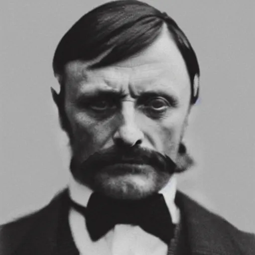Image similar to headshot edwardian photograph of anthony hopkins, mads mikkelsen, arthur shelby, terrifying, scariest looking man alive, 1 8 9 0 s, london gang member, slightly pixelated, angry, intimidating, fearsome, realistic face, peaky blinders, 1 9 0 0 s photography, 1 9 1 0 s, grainy, blurry, very faded