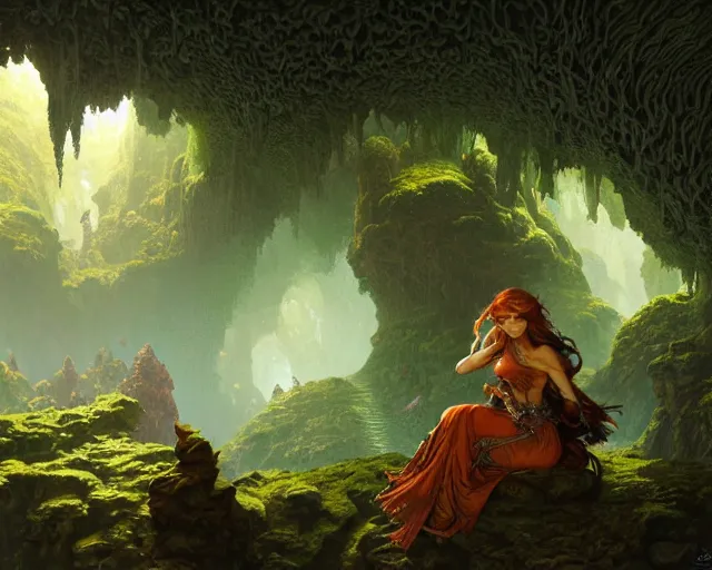 Image similar to mossy cave lit by orange minerals, deep focus, d & d, fantasy, intricate, elegant, highly detailed, digital painting, artstation, concept art, matte, sharp focus, illustration, hearthstone, art by artgerm and greg rutkowski and laura sava and alphonse mucha