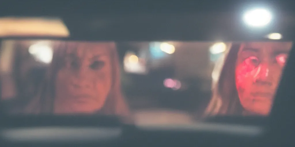 Prompt: a scary woman with black liquid coming down her eyes, seen through a car rear view mirror, it's in the back seat, shallow depth of field, cinematic, horror movie, 35MM shot, RED camera, volumetric, night time, street light