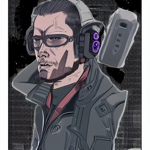 Image similar to male cyberpunk wearing a cyberpunk headset and tactical gear. In style of travis charest and laurie greasley, detailed