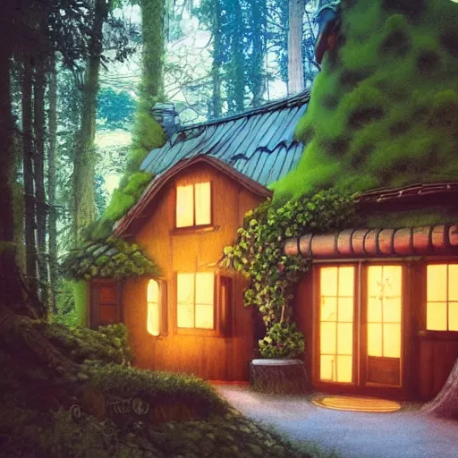 Prompt: Studio Ghibli cozy forest cottage