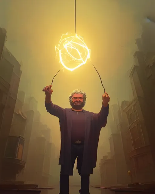 Image similar to highly detailed vfx portrait of beppe grillo casting a light spell, unreal engine, greg rutkowski, loish, rhads, beeple, makoto shinkai and lois van baarle, ilya kuvshinov, rossdraws, tom bagshaw, alphonse mucha, global illumination, detailed and intricate environment