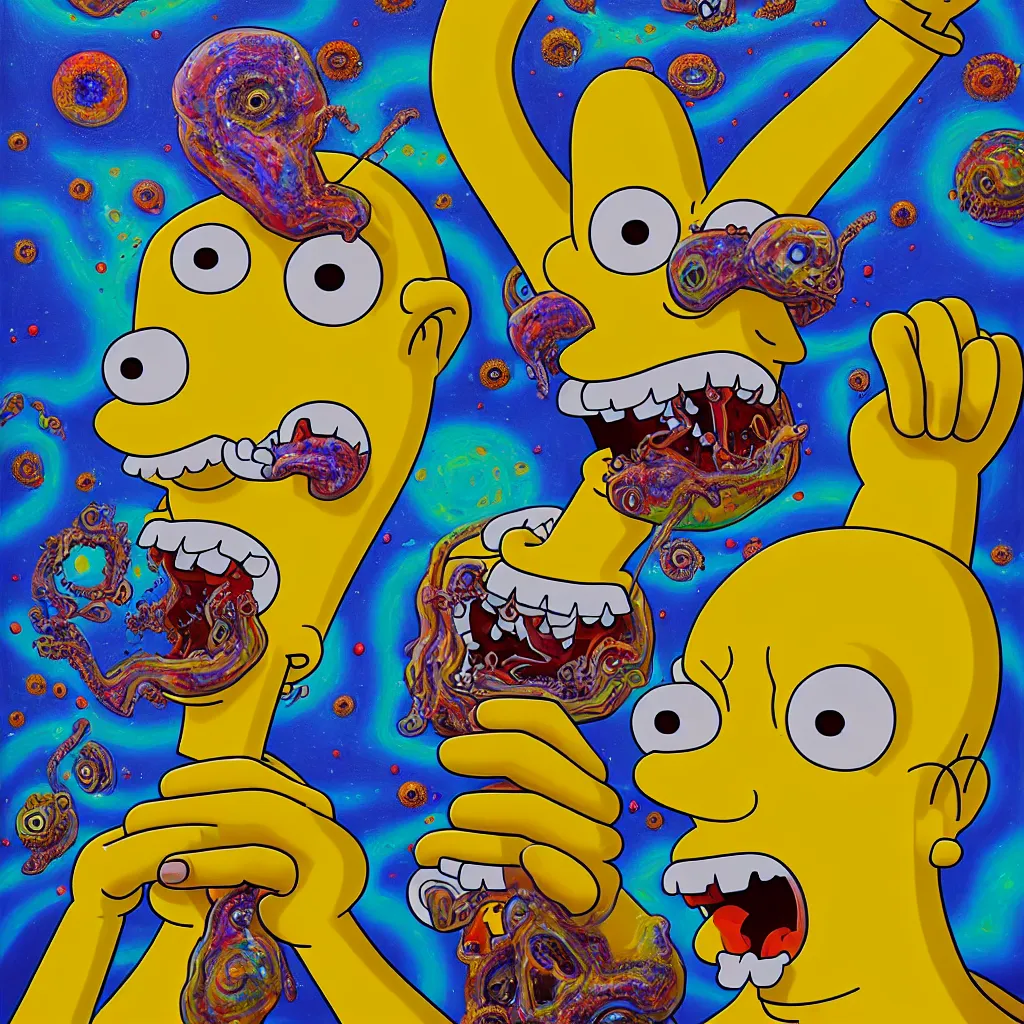 Prompt: an oil on canvas portrait painting of a homer simpson acid trip, polycount, surrealism, surrealist, lovecraftian, cosmic horror, high detail