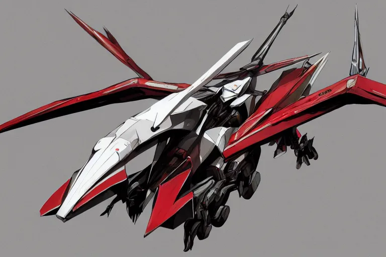 Prompt: a pteranodon mecha interceptor, white john berkey armor panels, wine-red and grey trim, robotech styling, with white Kanji markings outlined in black, boeing concept art painting, cinematic lighting, amazing lifelike cinematic photo render