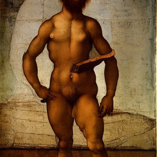 Prompt: a man with a lean body type, painting by Leonardo da Vinci