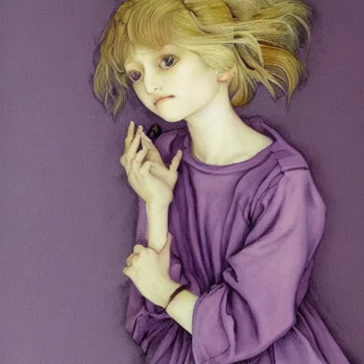 Image similar to little tomboy, purple tunic, soft hair. light color palate, detailed soft painting, ayami kojima, anatomically correct, inspired in balthus