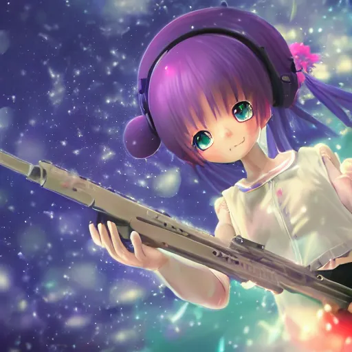 Image similar to advanced digital anime art, Sakimichan , a small school girl with silver hair wearing a violet dress and bare feet aiming through a PSG1 sniper rifle, DOF, Gaussian Blur, —W 1920