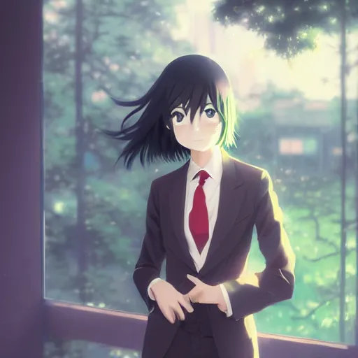 Prompt: cute tomoko kuroki watamote portrait fantastically detailed green eyes green eyes green eyes beige suit red tie by greg rutkowski makoto shinkai kyoto animation ultrahd award winning 4 k 8 k digital art