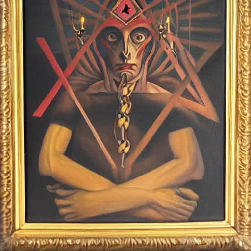 Image similar to portre of an autistic demon, masonic and kabalistic symbols in background, oil painting, on canvas