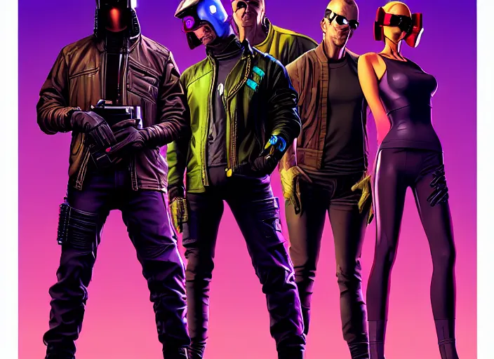 Image similar to cyberpunk heist crew. portrait by stonehouse and mœbius and will eisner and gil elvgren and pixar. character design. realistic proportions. cyberpunk 2 0 7 7 character art, blade runner 2 0 4 9 concept art. cel shading. attractive face. thick lines. the team. diverse characters. shadowrun. artstationhq.