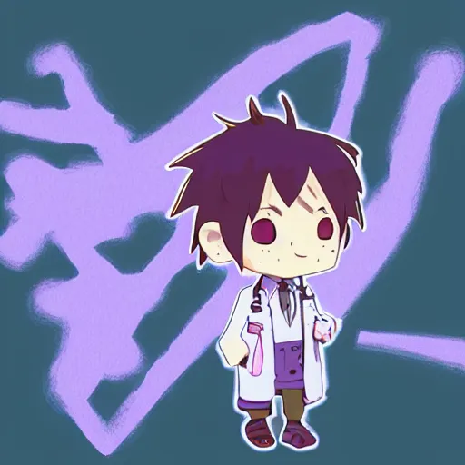 Image similar to cute little boy wearing an doctor suit, purple color palette, inspired in made in abyss and hirohiko araki, ray tracing, featured in pixiv