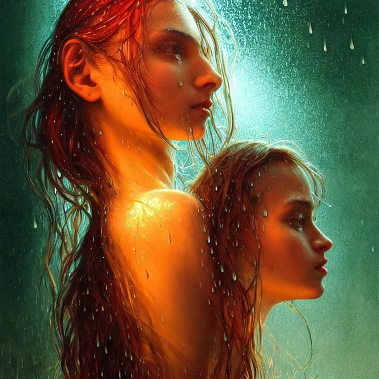 Image similar to bright asthetic portrait LSD glowing backlit rain on face and wet hair, fantasy, intricate, elegant, dramatic lighting, highly detailed, lifelike, photorealistic, digital painting, artstation, illustration, concept art, smooth, sharp focus, art by John Collier and Albert Aublet and Krenz Cushart and Artem Demura and Alphonse Mucha