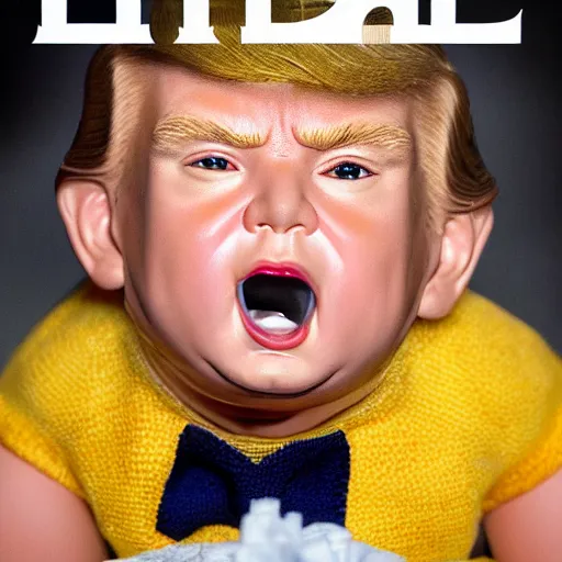 Prompt: photorealistic still portrait photograph of donald trump looking at the camera, diaper baby outfit, depth of field, soft focus, highly detailed, intricate, realistic, national geographic cover, textured detailed skeleton, time magazine cover, dark studio background