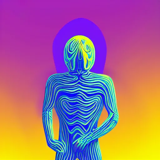 Image similar to human man that resembles a wasp morh in surreal sketch style, blue and yellow gradient, noise, ultrafine detail, hd 8k, logo illustration