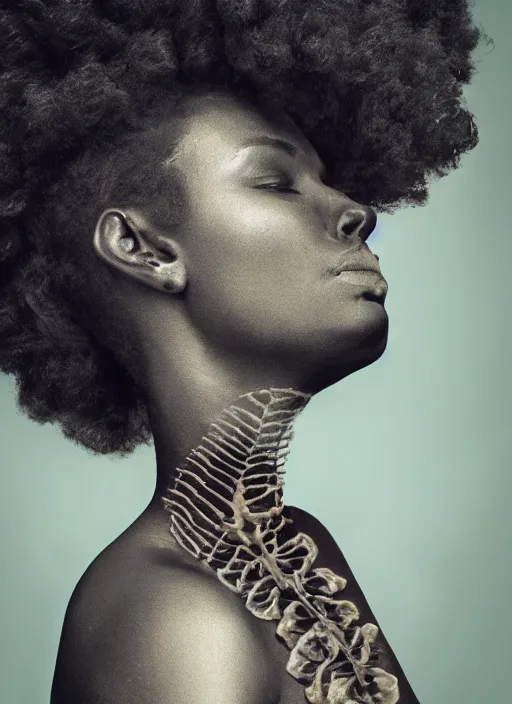 Prompt: a beautiful black woman's face in profile made of leaf and flower skeleton, in the style of the dutch masters and gregory crewdson, dark and moody, vaporwave, weircore, 8 k, intricate detail,