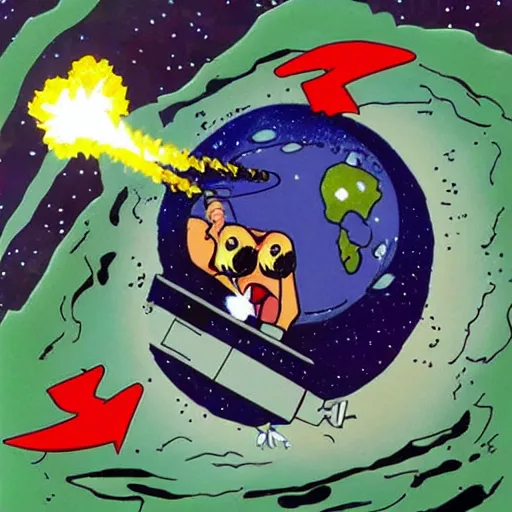 Prompt: Bingus in space firing a powerful lazer and destroying the planet Earth.