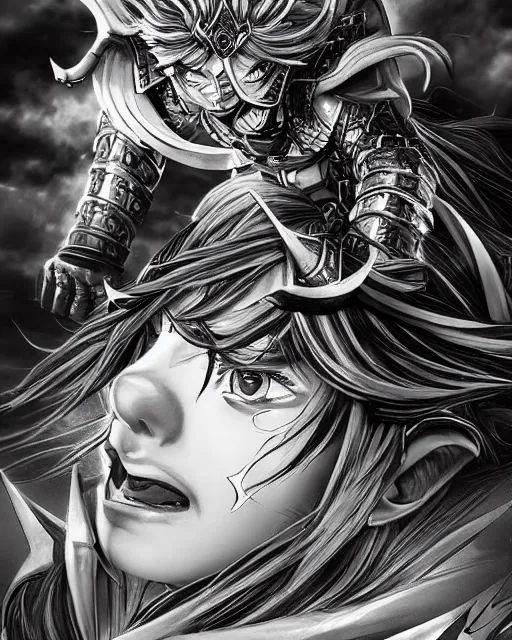 Prompt: a warrior making progress, black and white, highly detailed face, close-up, fantasy art, fighting art, in the style of masami kurumada, illustration, epic, fantasy, intricate, hyper detailed, artstation, concept art, smooth, sharp focus, ray tracing