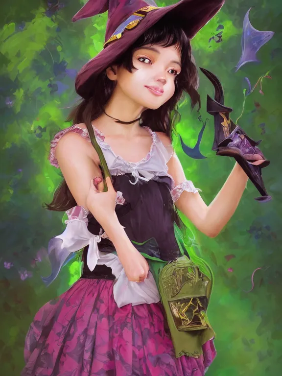 Prompt: Full shot of a cute mischievous young witch about to get up to some trouble with her playful bat familiar. Latin American fashion. Floral patterns. Bats. Black and Pink and Lime Green palette. Magic. Latina girl. brown skin. defined facial features, symmetrical facial features. Smiling. By Ruan Jia and Artgerm and Range Murata and WLOP and Ross Tran and William-Adolphe Bouguereau. Key Art. Fantasy Illustration. award winning, Artstation, intricate details, realistic, Hyperdetailed, 8k resolution.