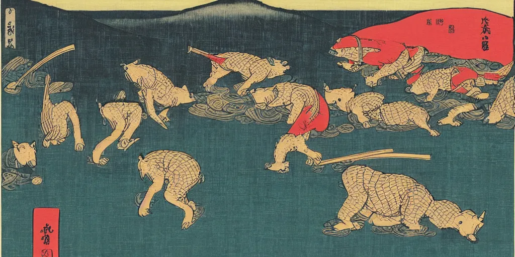 Prompt: Hog Heaven, woodblock print by Hiroshige