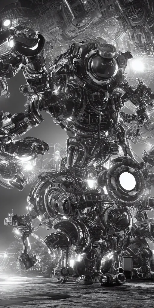 Image similar to the flow of time. complex shapes, highly detailed. octane render. robots are taking over. monochrome. cinematic.