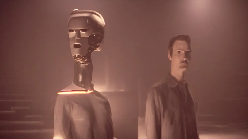 Image similar to The man with robot head, movie still, cinematic composition, cinematic light, by David Lynch